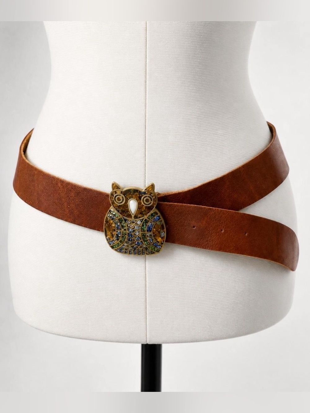 Rustic 1.5”Leather Belt with Cloisonné Owl Buckle, unisex, 31-36”